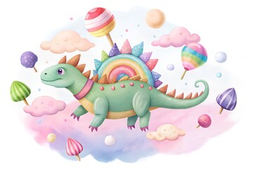 Obraz premium Adorable watercolor dinosaur with rainbow spikes and sweet candies on a whimsical background