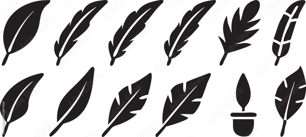 Poster feather icon set solid black rounded feather symbols clean and elegant vector