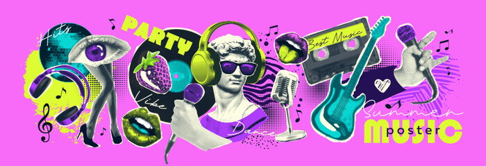 banner made of newspaper paper stickers in halftone tones, on the theme of music, disco, karaoke, retro parties. Headphones, a statue, a hand with a microphone, a disco ball, lips, vinyl, a cassette a