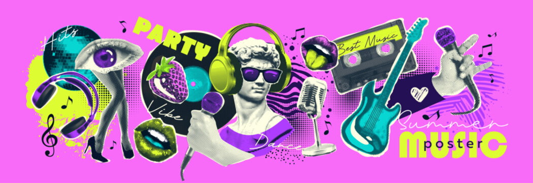 banner made of newspaper paper stickers in halftone tones, on the theme of music, disco, karaoke, retro parties. Headphones, a statue, a hand with a microphone, a disco ball, lips, vinyl, a cassette a