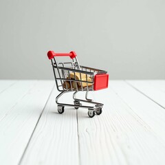 Miniature Shopping Cart with Red Accents on White Background Representing Online Shopping and Retail Concept