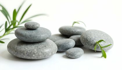 Stacking Pebbles and Plants on White Background for Balance and Wellness