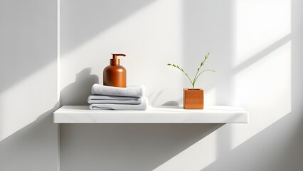 Here's a sentence to describe the image:

Luxury spa still life with clean bath decor and natural light illuminating the wooden furniture and stone wallLuxury spa still life with clean bath decor and 