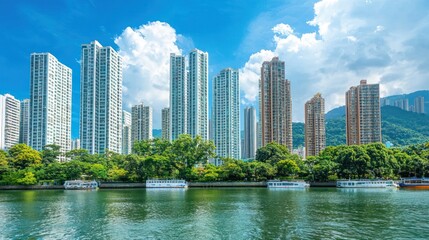 A serene lake with a boat floating on its surface, surrounded by lush green trees and a clear blue sky.