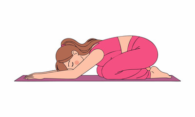 Peaceful Woman in Child's Pose (Balasana) on Yoga Mat Vector Illustration - International Yoga Day, June 21st, Yoga Day Celebration.
