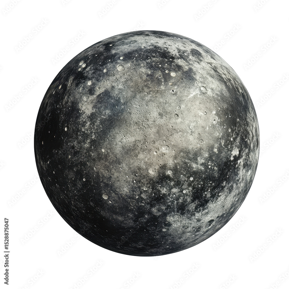Poster mercury planet isolated against a transparent background showcasing its craters and surface details,