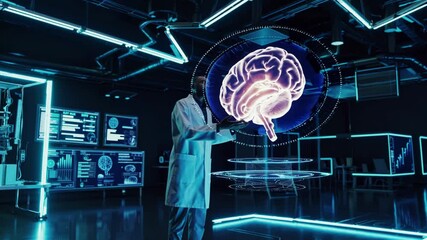 Scientist exploring holographic brain in futuristic laboratory - Powered by Adobe