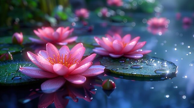 pink water lilies in pond,, Beautiful Art illustration background HD 8K wallpaper Stock Photographic .  