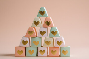 Pastel triangle of boxes with gold hearts