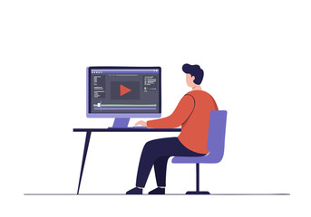 A man edits video on a computer, focused and engaged. Modern workspace with plants and digital icons. Professional, creative, and dynamic.