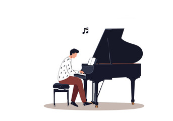 A young man plays the piano in a serene setting.  Focus on the musical atmosphere and elegant design. Suitable for music, lifestyle, and creative concepts.