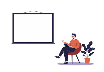 A man sits at a desk, reviewing a presentation on a whiteboard. He?s dressed casually, engaging in a positive media discussion. Modern, professional setting.