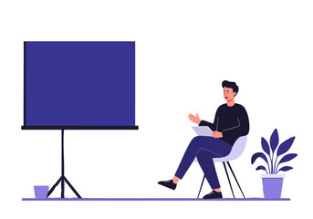 A man presents on a digital screen, conveying positivity. Modern design, vibrant colors, and a professional setting. Ideal for motivational content.