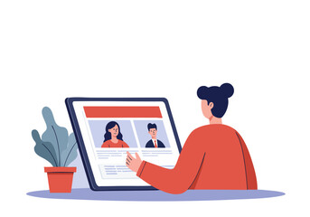 A woman reads news on a tablet, contemplating a conversation. Modern, digital communication, soft colors, and a thoughtful expression. Ideal for social media and marketing.