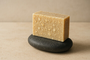 Handcrafted oatmeal soap bar resting on a dark river stone in a calm, minimalist wabi-sabi composition.
