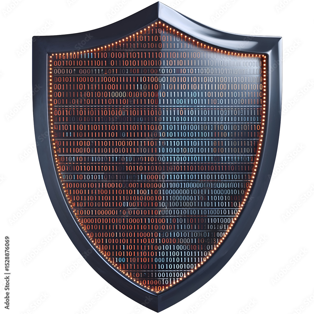 Poster futuristic digital shield with glowing binary code in orange and blue tones, metallic frame with bru