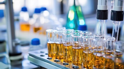 A laboratory bench with test tubes and a pipette in a busy laboratory setting.