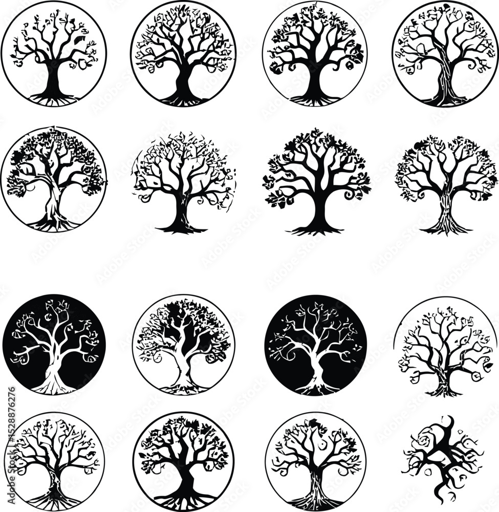 Poster diverse black and white tree of life vector icons set in circular frames.