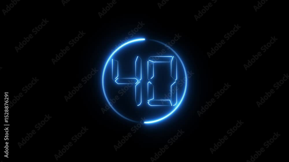 Poster neon glowing text 40 number countdown icon animation.