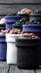 Assorted nuts and seeds in cloth bags