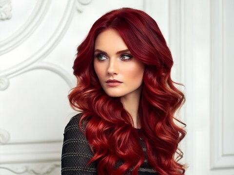 women's hair coloured in an intense ruby colour. Hair colouring red in modern shades. Cherry red hair, loose waves. Illustration for cover, advertising, marketing or presentation trendy red outfit