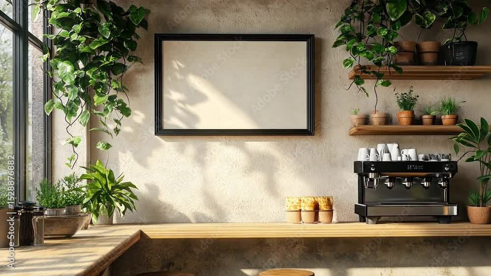 Poster empty frame in a cafe setting with plants and coffee machine