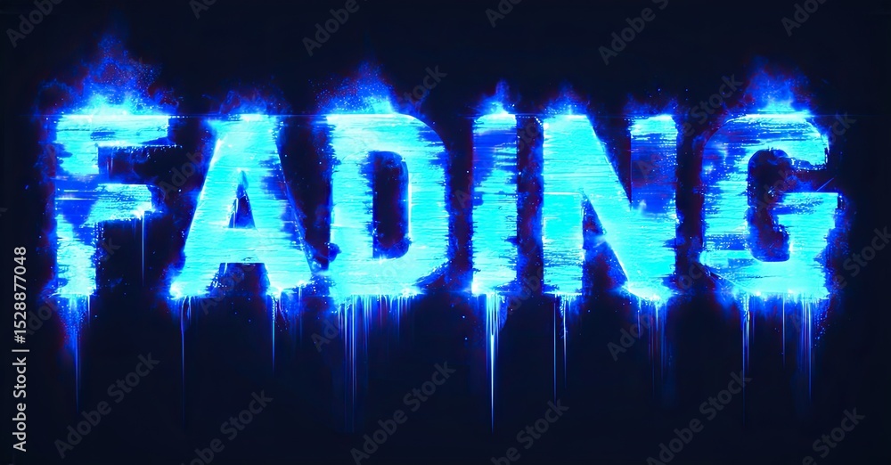 Poster bright blue text spells fading. energetic drips extend downward from letters against dark background