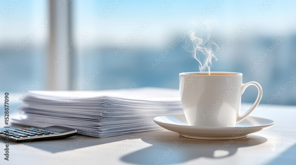 Poster steaming cup of coffee sits beside calculator and large stack of papers symbolizing expenses and tax