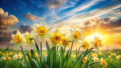 Obraz premium Golden Hour Daffodils in a Vibrant Meadow Basking in the Warm Glow of a Sunset