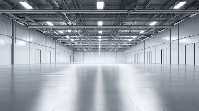 A large, empty warehouse with white walls and a high ceiling, featuring a concrete floor and exposed metal beams.