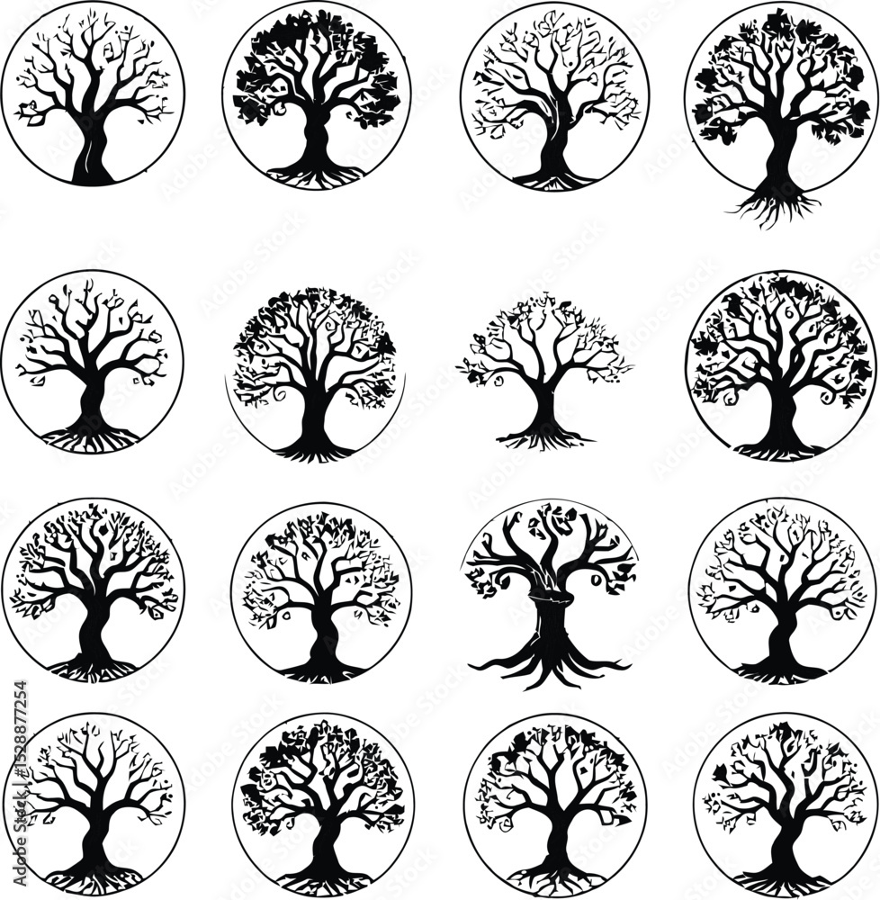 Poster collection of vector black and white tree of life illustrations in circular frames.