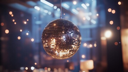 A sparkling disco ball reflecting light creates a festive party or club atmosphere.