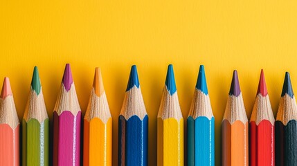 Vibrant colored pencils, arranged in a row, on a yellow background, symbolizing creativity and learning.