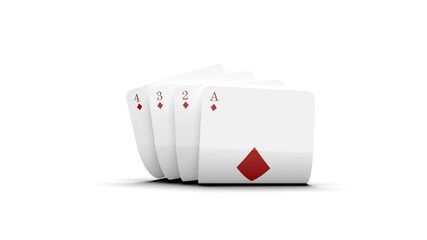8K 3D Rendered Playing Cards Isolated on White, Diamond Cards of Ace, two, three, four Design and Perfect for Games and Casino Graphics.
