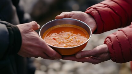 A volunteer hands a bowl of soup to a person in need, symbolizing help and charity.