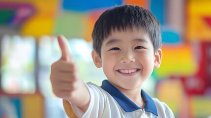 A happy Asian child smiles and gives a thumbs-up, radiating joy and approval.