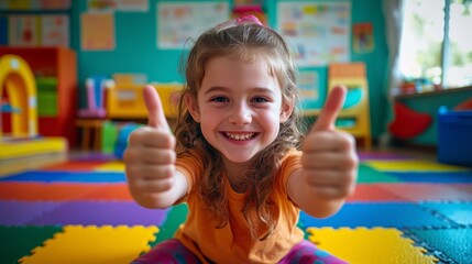 A happy girl in a bright room gives a thumbs-up, symbolizing success and the joy of learning.