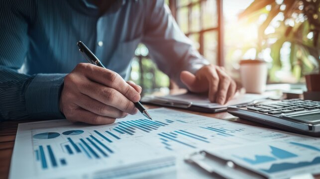 A man in a blue shirt is working at a desk with a computer and a coffee cup in the background.