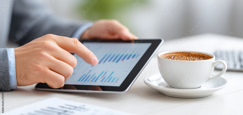 Aufkleber person reviewing tax return data and expenses on tablet while enjoying cup of coffee at desk with do