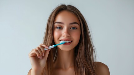 A beautiful young woman brushing her teeth, showcasing a bright smile and commitment to hygiene.