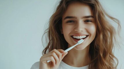 A young smiling woman brushes her teeth, showing a bright white smile and demonstrating oral hygiene.