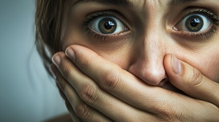 Frightened eyes of a woman whose mouth is covered by a man's hand, symbolizing fear and coercion.