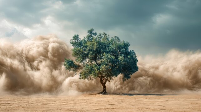 A tree is in the middle of a sandstorm - Powered by Adobe