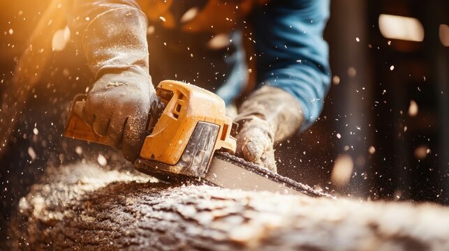 A worker skillfully operates a chainsaw on a wooden log, capturing the dynamic action and craftsmanship involved in woodworking and forestry.
