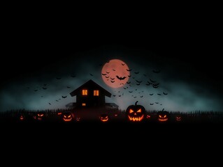 Spooky Halloween scene featuring a haunted house with glowing windows, surrounded by carved pumpkins and flying bats against a full moon backdrop, creating an eerie atmosphere