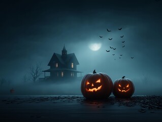 Two carved pumpkins with glowing faces sit on a dark wooden surface, surrounded by fallen leaves, with a haunted house and full moon in the eerie background