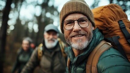 Fototapeta premium This captivating image depicts a group of hikers with cheerful expressions, enjoying a picturesque outdoor environment, reflecting camaraderie and a love for adventure in nature.
