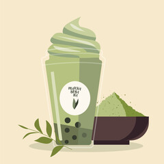Flat-style matcha boba tea on a white background