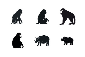 Naklejka premium Silhouette set of monkeys and rhinos