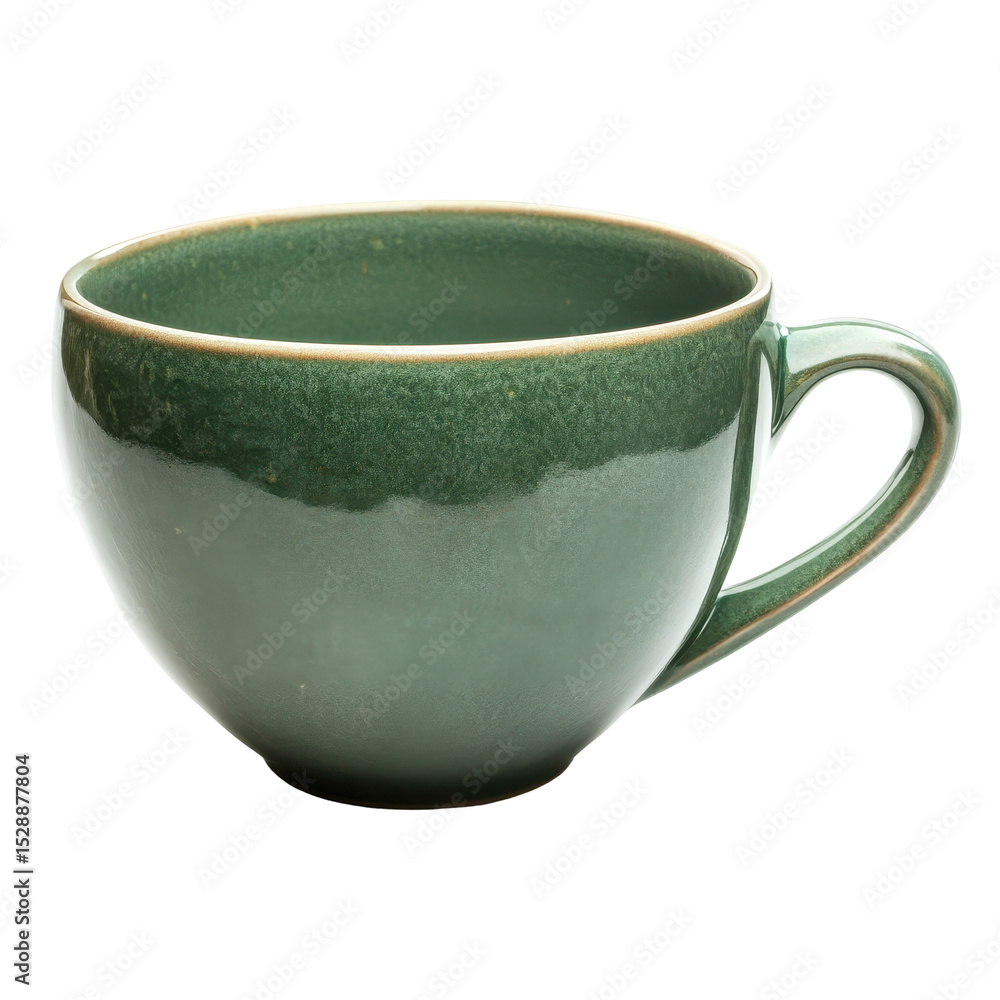 Poster green ceramic cup displayed on a white background highlighting its smooth surface and design feature